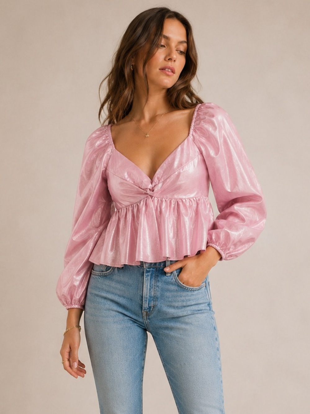 Day + Moon Pink Metallic Twisted Long Sleeve Top